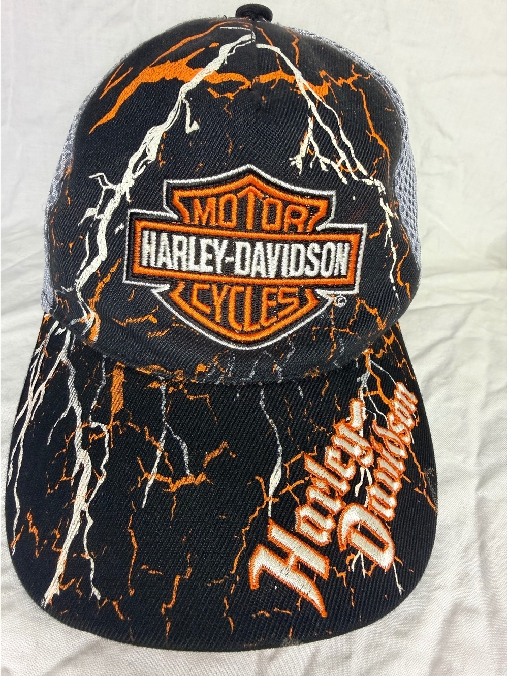 Vintage Harley Davidson Lightning Graphic Mesh Trucker Hat Adjustable Y2K